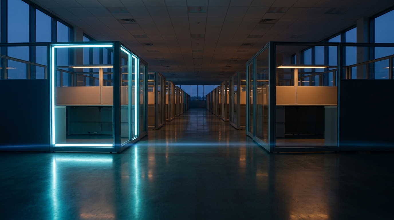 A long corridor of identical glass-walled office cubicles glowing warm amber, with one in the foreground glowing distinctly brighter — symbolizing the one in ten enterprises actually compounding returns from AI