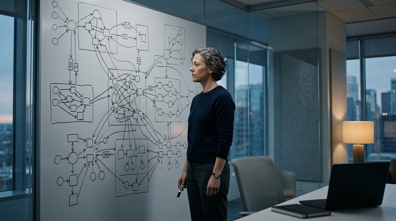 A staff engineer alone in a quiet glass walled office, standing in front of a dense distributed systems whiteboard sketch, holding a marker and thinking, the kind of quiet high leverage work that never shows up on a token dashboard.