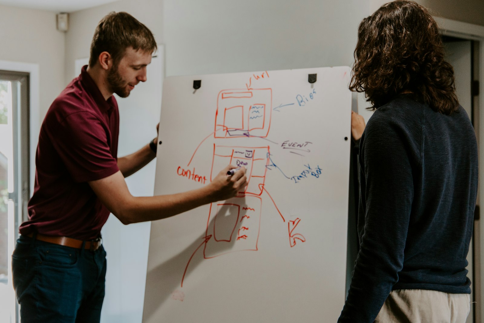 Engineer drawing system architecture on a whiteboard