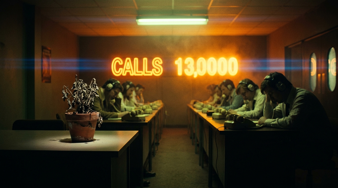 A crowded 80s sales bullpen with a giant neon scoreboard on the wall reading CALLS, while one desk sits empty in the foreground, a visual metaphor for rewarding activity over outcomes.
