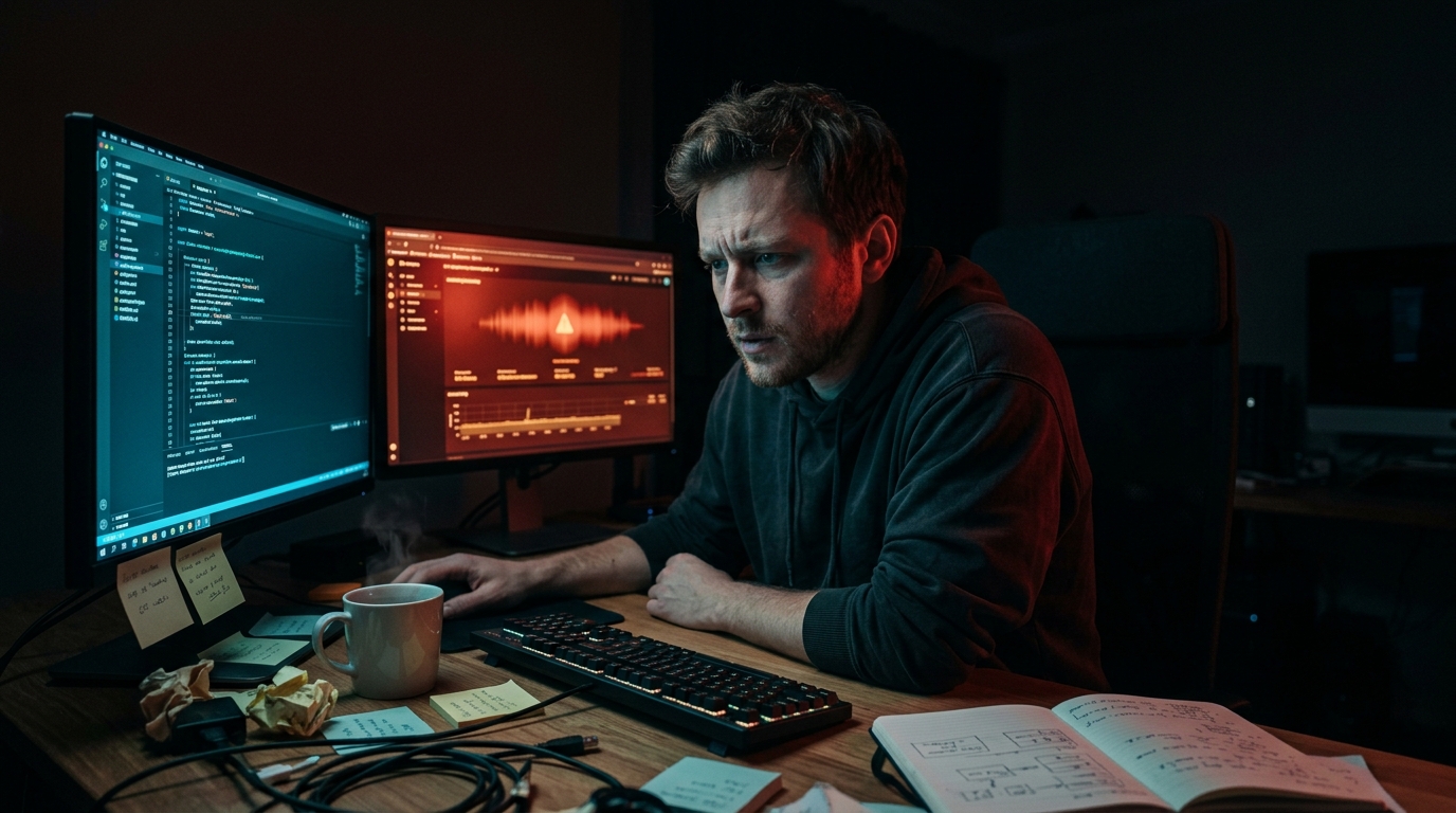 A lone on-call engineer at 3am at a cluttered home desk lit by two monitors. One shows a red incident alert, the other an AI coding assistant chat window, the tense moment where MTTR on AI touched code actually gets tested.