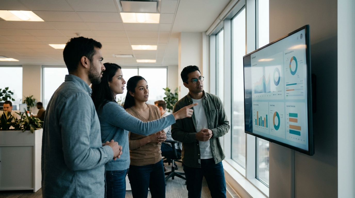A small engineering team gathered around a large monitor in a bright modern office, looking at a clean production dashboard showing DORA style panels: deployment frequency, lead time, change failure rate, and an MTTR timeline.