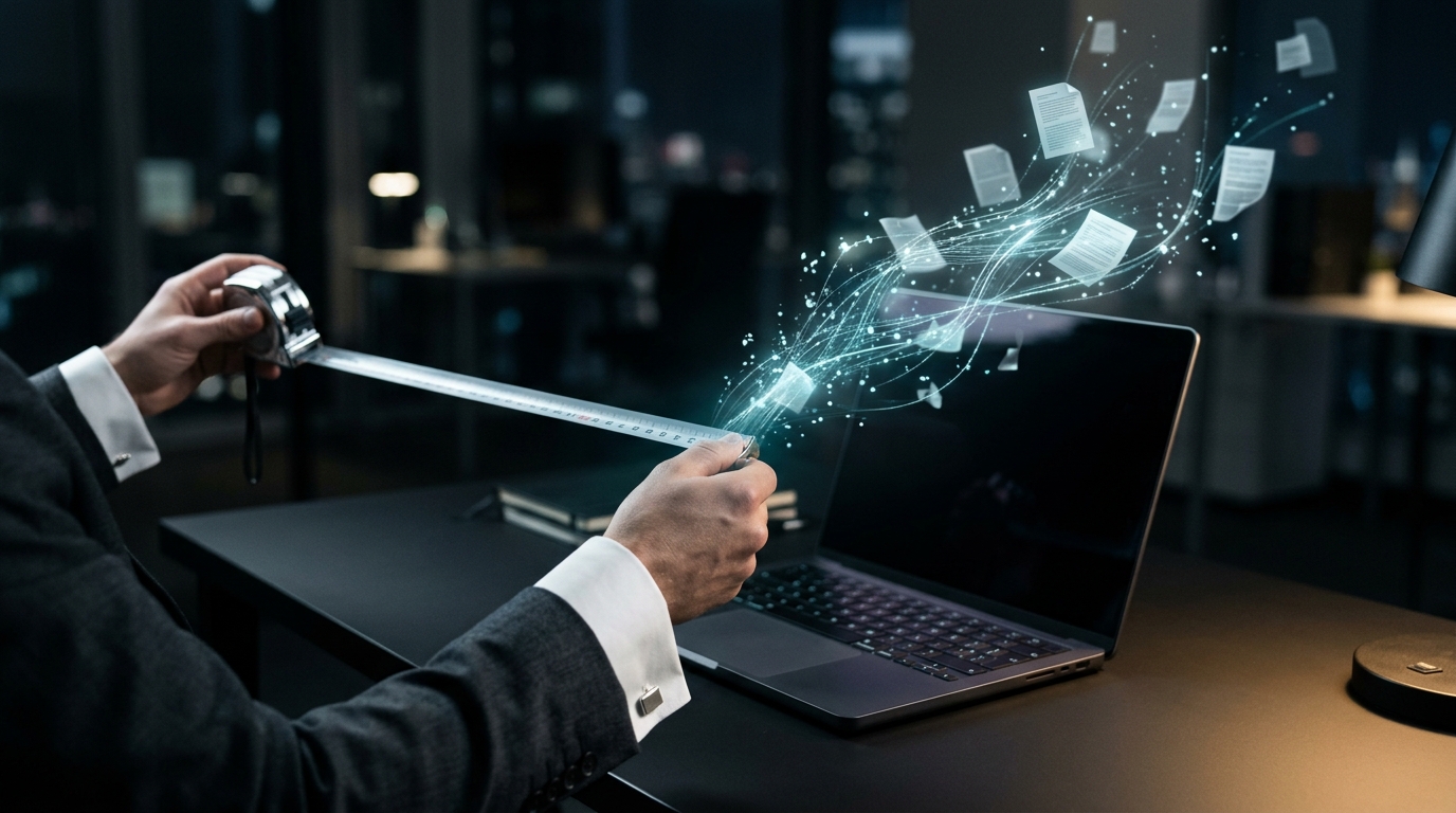 An executive at a desk holding a tape measure, trying to measure a glowing translucent stream of data drifting from a laptop